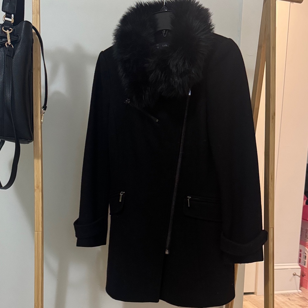 Zara Black Trench Coat with Fur Collar
